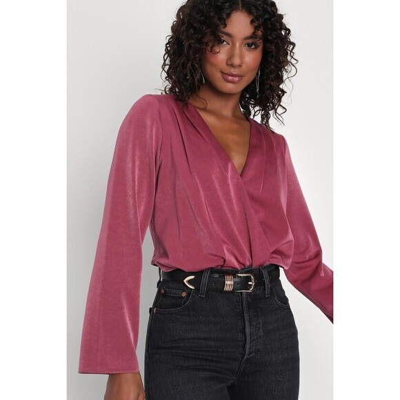 Lulus Simple Refinement Mauve Surplice Long Sleeve Bodysuit Pink - Size M - Picture 1 of 1
